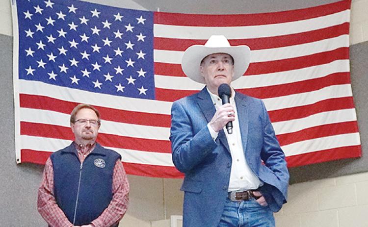 Randy Foster/editor@cherokeescout.com U.S. Rep. Chuck Edwards (left) and Republican primary challenger Christian Reagan appear at a debate in Brasstown on Saturday afternoon. 