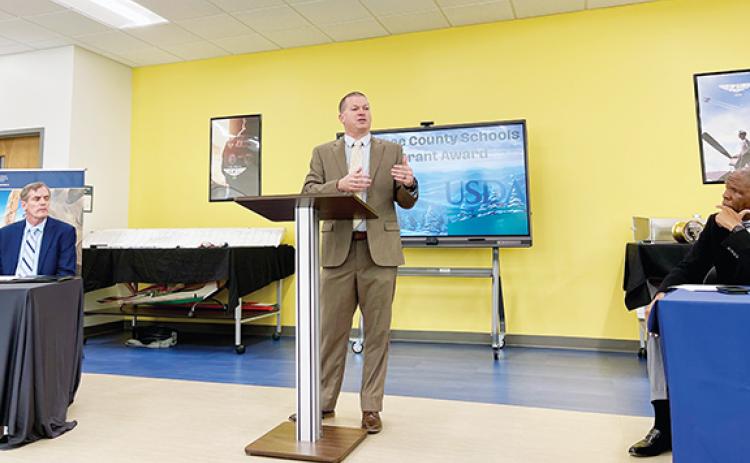 Randy Foster/editor@cherokeescout.com Jason Forrister, principal of Tri-County Early College, delivers remarks at the Schools of Innovation & Technology on Thursday to announce a $499,000 technology grant.