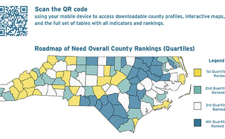 This map shows overall county-by-county rankings from a study of child needs in North Carolina. View the complete Roadmap online and read the front-page report in the Jan. 3 edition of the Cherokee Scout.