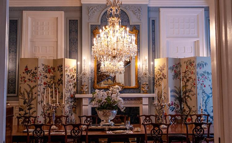 This crystal chandelier, which was made in the 1880s, hangs in the dining room of the Executive Mansion today. The woman who donated it to the state, Karoline Horowitz, immigrated to Murphy after barely escaping the Nazis.