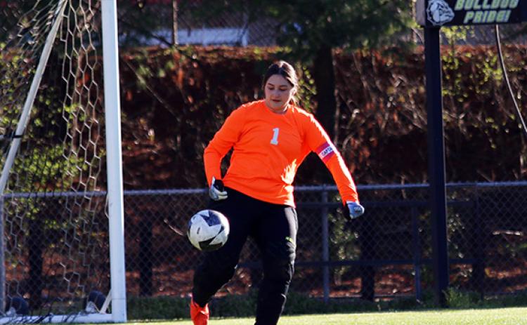 Cannon Crompton/sports@cherokeescout.com Tri-County goalkeeper Emma Smith kicks the ball during a match on March 11.