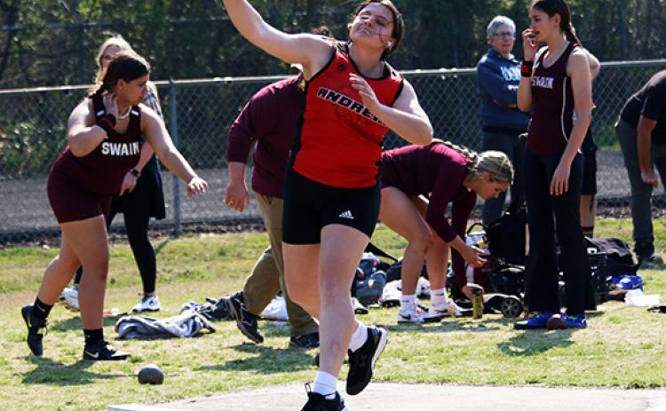 Cannon Crompton/sports@cherokeescout.com Alexis Beasley throwing in the shot put at their home meet at Andrews on March 20.