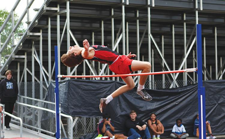 Cannon Crompton/sports@cherokeescout.com  Andrews’ Logan Shuler in the high jump event that he won with a jump of 6-foot-4, beating the next closest competitor by more than a foot at the meet on April 24.