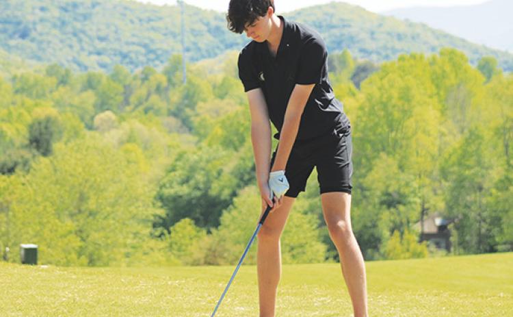 J.R. Carroll/Staff Correspondent Murphy’s Brady Golden tees off at Mountain Harbour Golf Club in Hayesville on May 6.